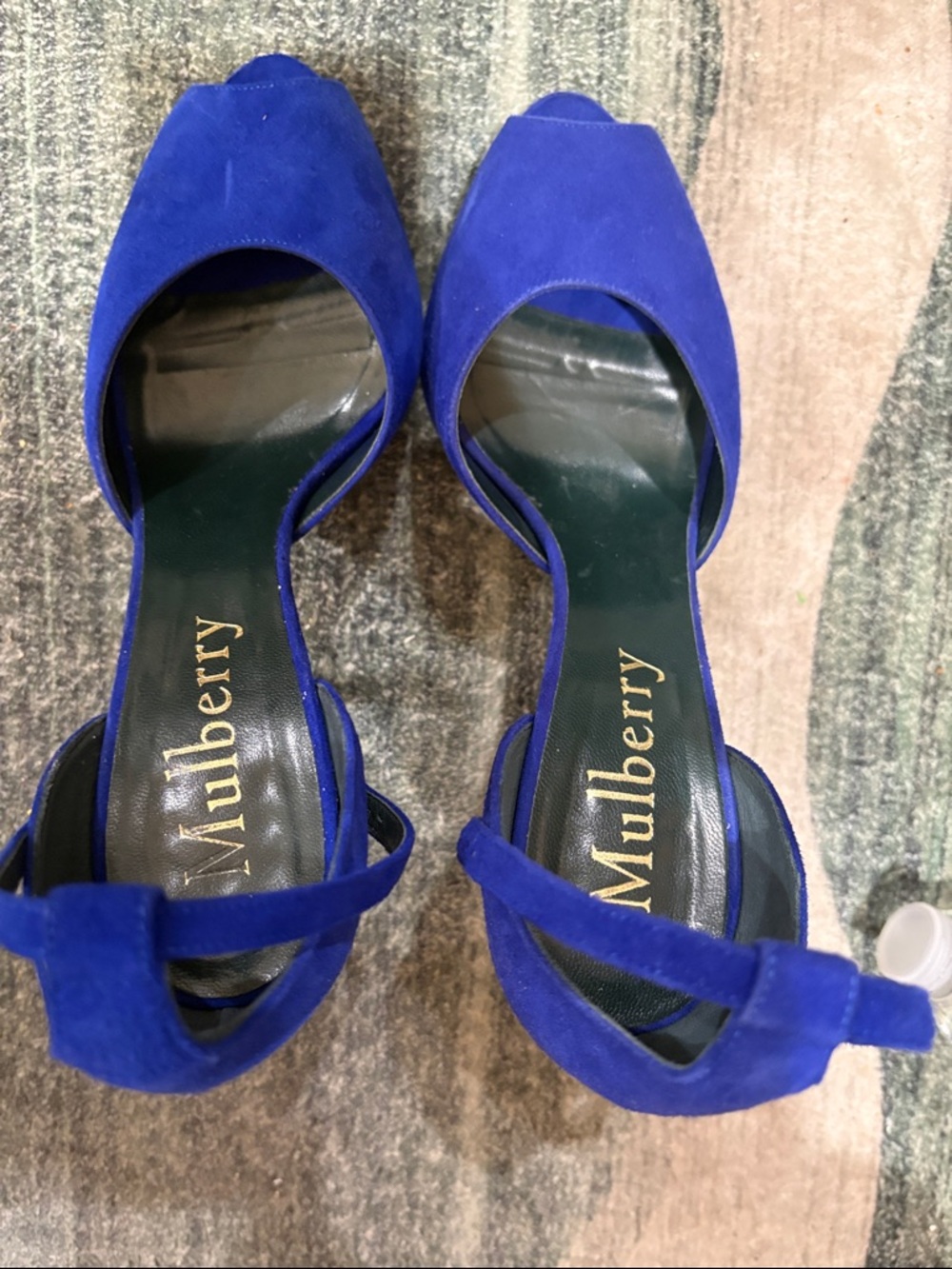 Mulberry Cobalt Suede Peep-Toe Ankle Strap Heels